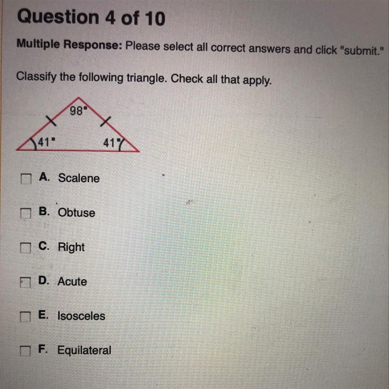 Classify the following triangle. Check all that apply.-example-1