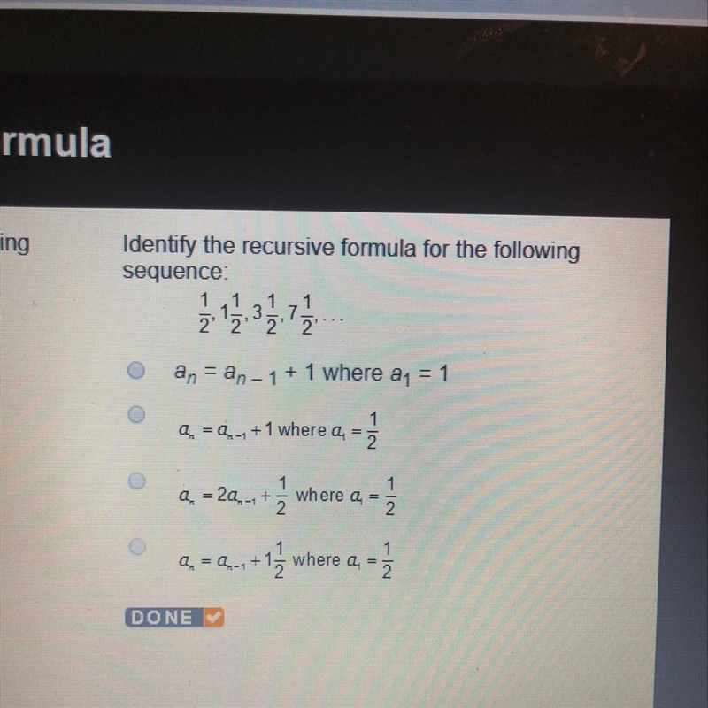 Identify the recursive formula for the following sequence: 1/2, 1 1/2, 3 1/2, 7 1/2...-example-1