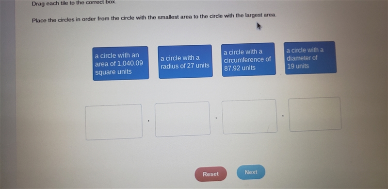 Place the circles in order from the circle with the smallest area to the circle with-example-1