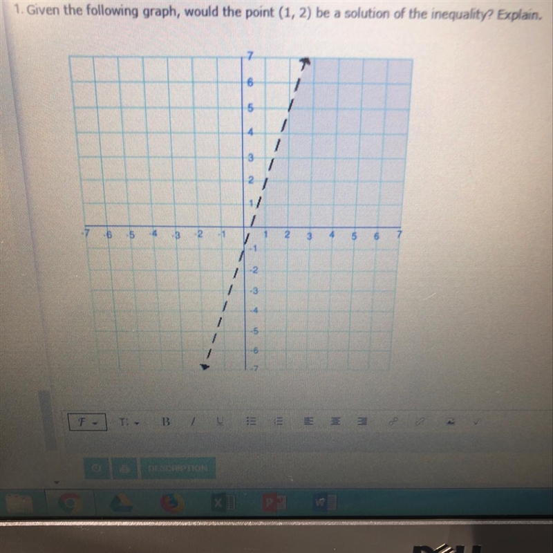 Given the following graph, would the point (1,2) Be a solution of the inequality? Explain-example-1