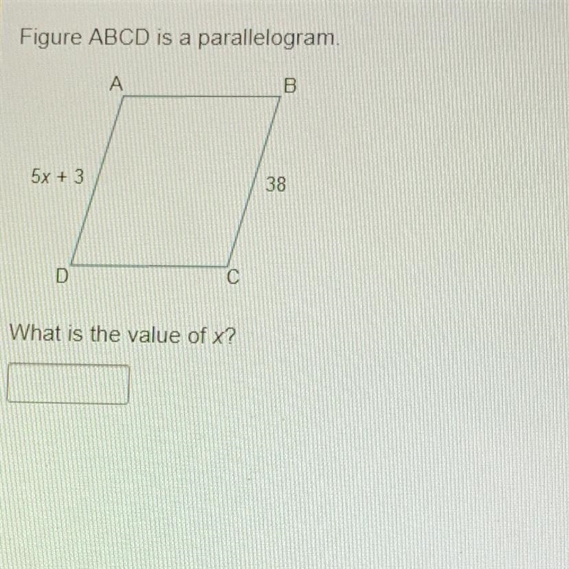 Foure ABCD is a parallelogram What is the value of x please help-example-1