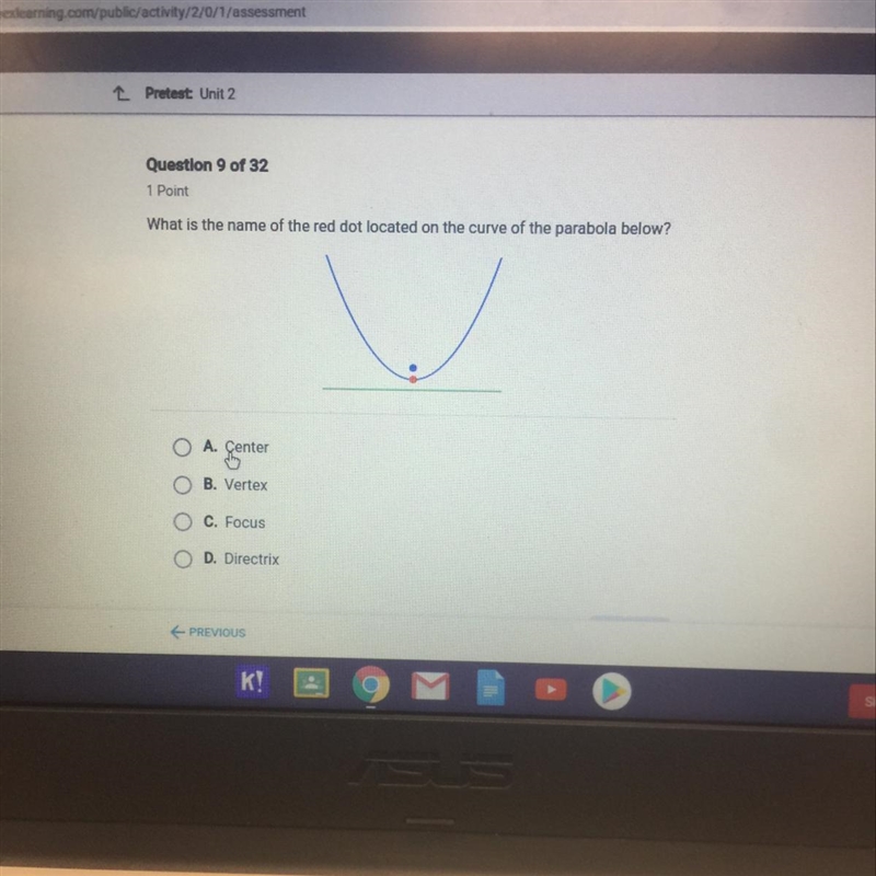 What is the name of the red dot located on the curve of the parabola below?-example-1