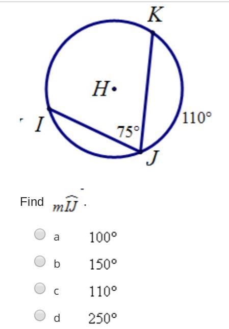 Find m(arc) IJ of circle H. If: m(arc) KJ=110 degrees a=100,b=150,c=110,d=250-example-1