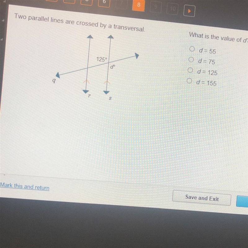 Two parallel lines are crossed by a transversal. What is the value of D?-example-1