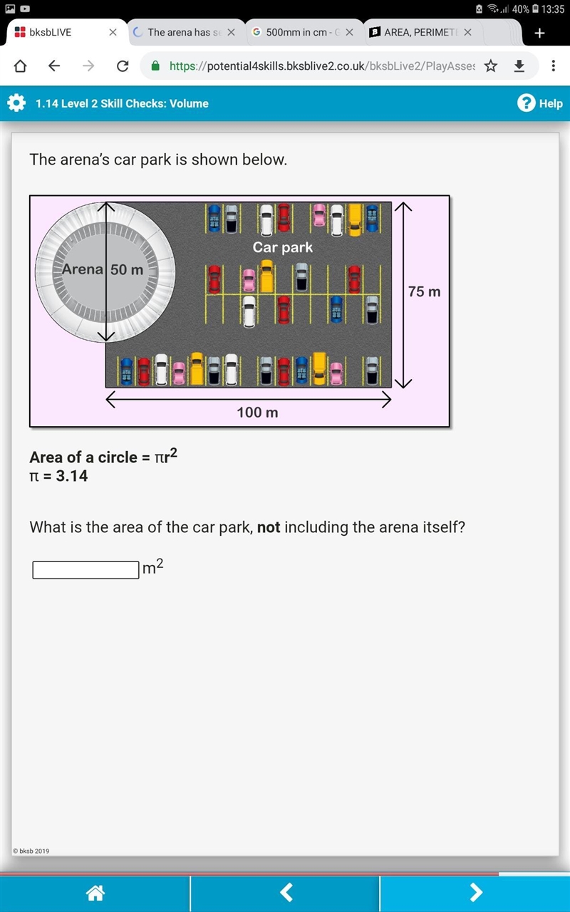 The arena’s car park is shown below. Area of a circle = πr2 π = 3.14 What is the area-example-1