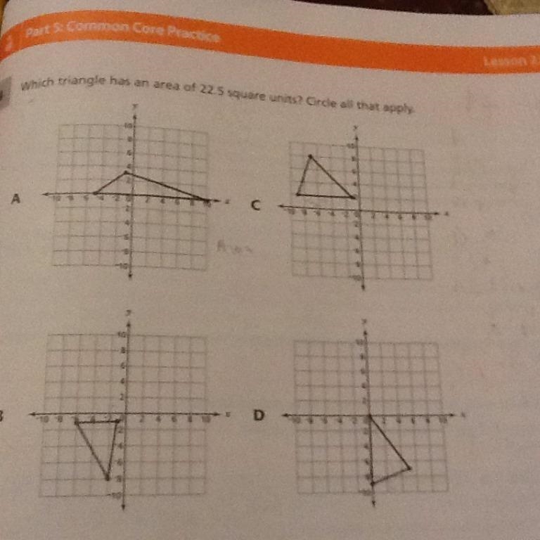 Which triangle has an area of 22.5 square units? Circle all that apply-example-1