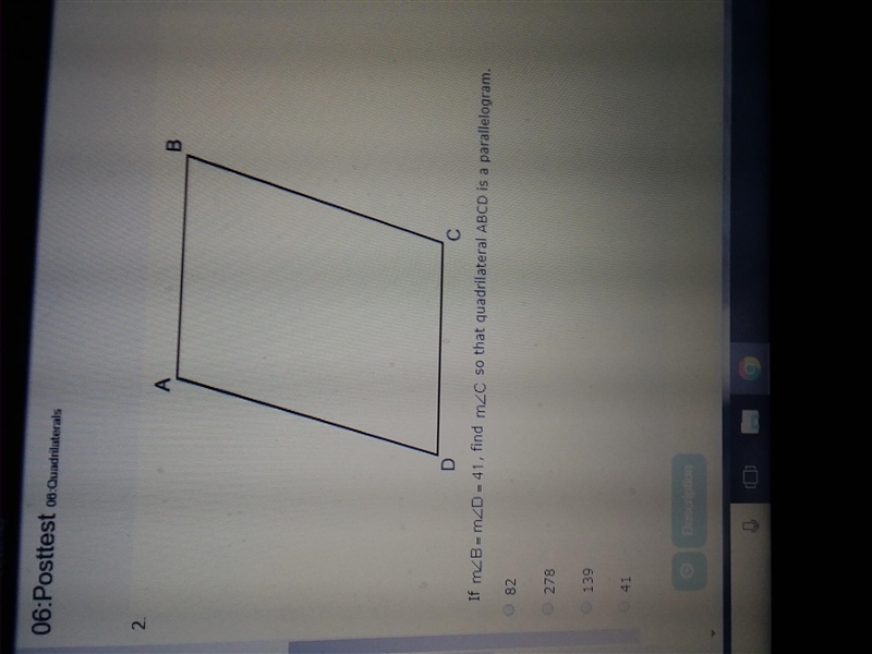 If m angle B=m angle D=41, find m angle C so that quadrilateral ABCD is a parallelogram-example-1