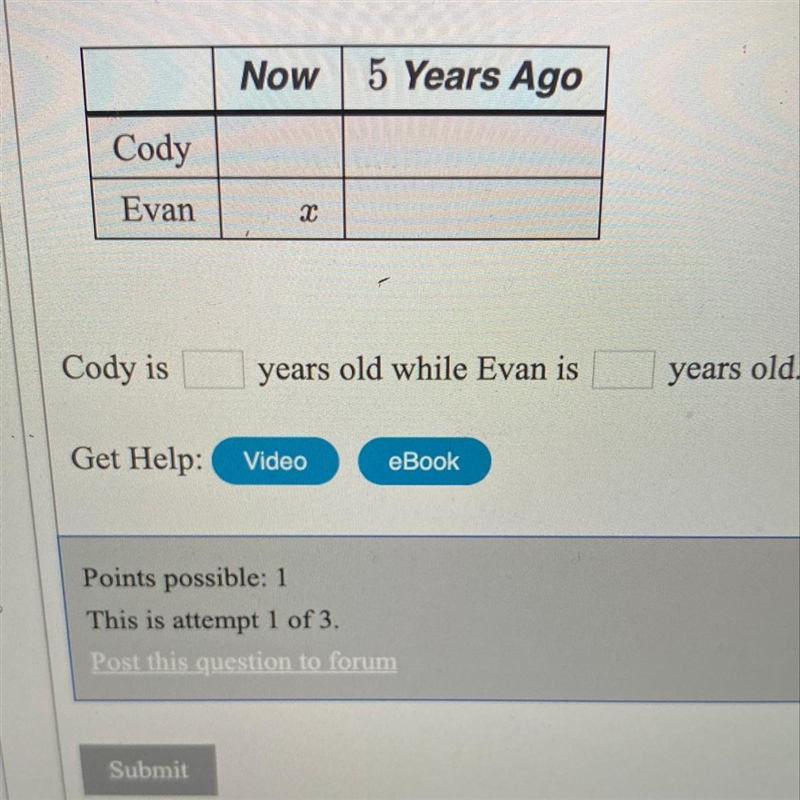 Cody is twice as old as Evan and five years ago the sum of their age was 14. Find-example-1