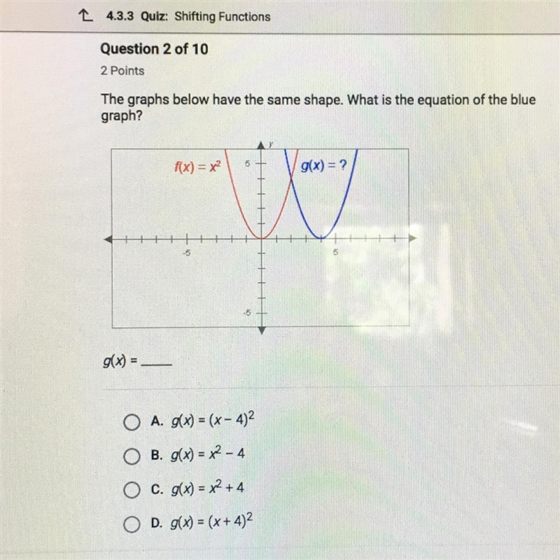 The graphs below have the same shape. What is the equation of the blue graph?-example-1