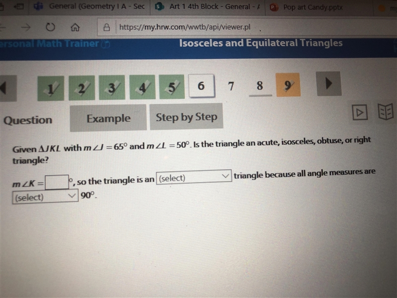 Is the triangle an acute, isosceles, obtuse, or right?-example-1