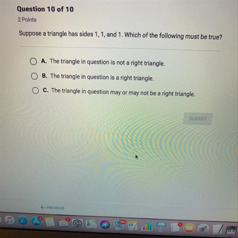 Suppose a triangle has sides 1,1, and 1. Which of the following must be true-example-1