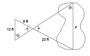 Edwina measured the length of this swimming pool by drawing similar triangles as shown-example-1