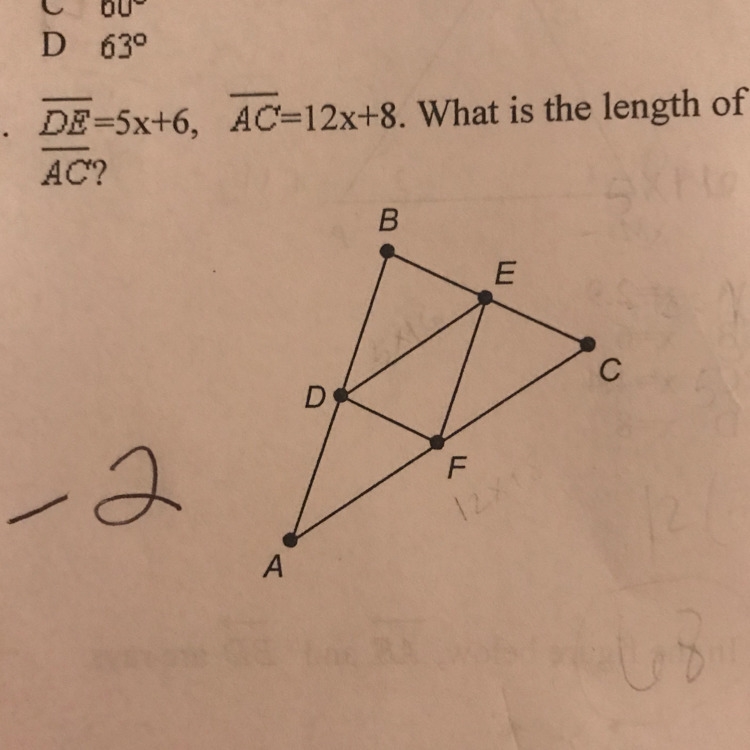 DE=5x+6, AC=12x+8. What is the length of AC?-example-1