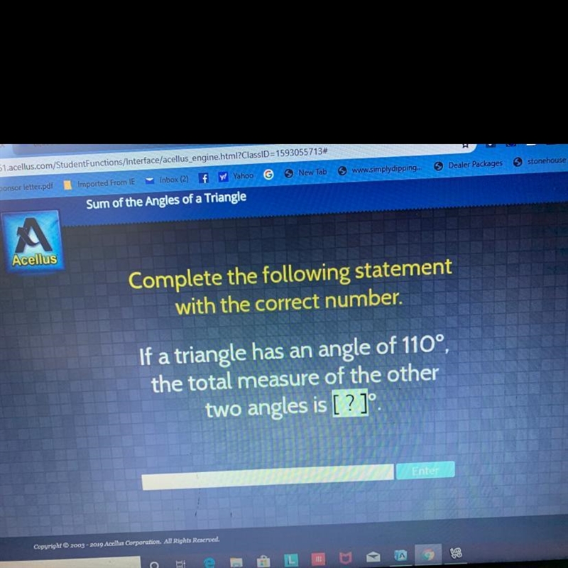 If a triangle has a angle of 110 the total measure of the other two angles is-example-1