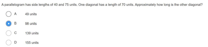 A parallelogram has side lengths of 40 and 75 units. One diagonal has a length of-example-1