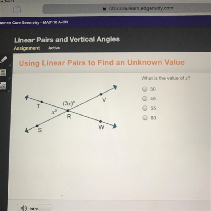 What is the value of x? a.30 b.45 c.55 d.60-example-1