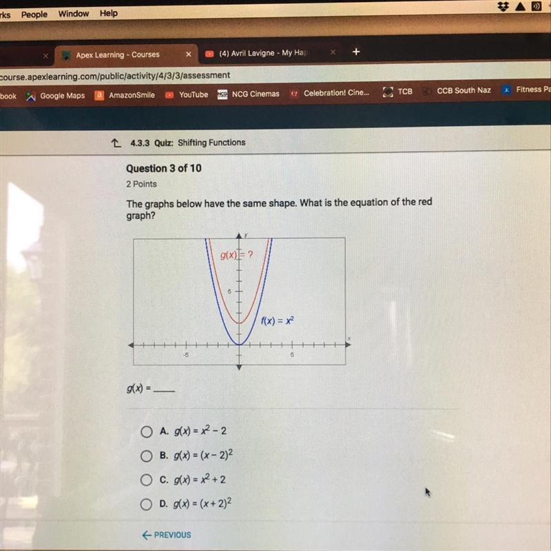 The graphs below have the same shape. What is the equation of the red graph?-example-1