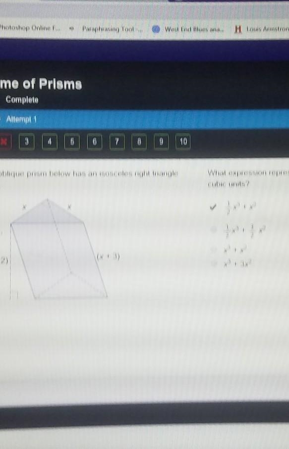 The oblique prism below has an isosceles right triangle base. what expression represents-example-1