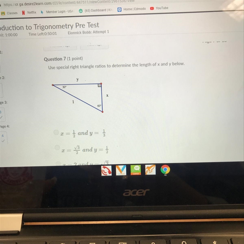 Use special right triangle ratios to determine the length of x and y below-example-1