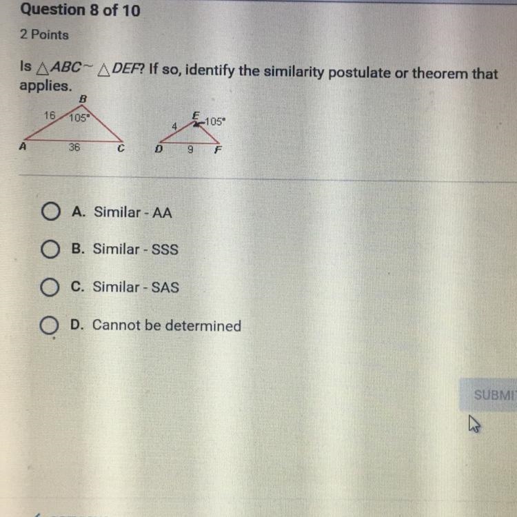 Is abc~def? If so, identify the similarity postulate or theorem that applies.-example-1