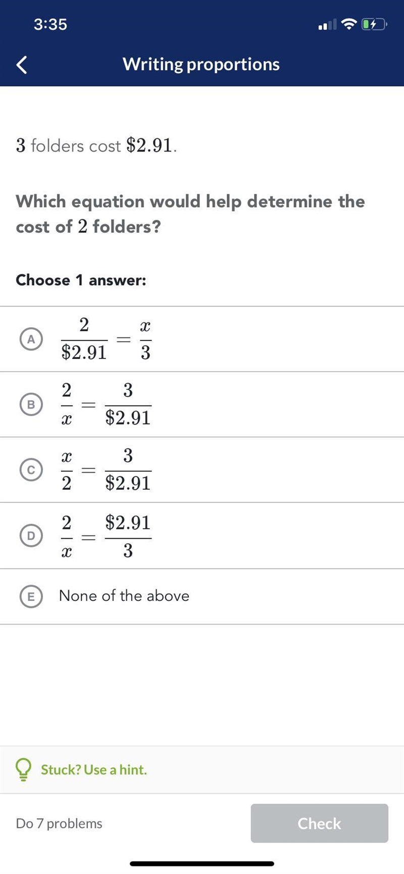 Which equation would help determine the cost of 2 folders?-example-1