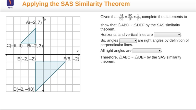 Urgent!!!!!!!!!! Given that AB/DE = BC/EF = 1/2, complete the statements to show that-example-1