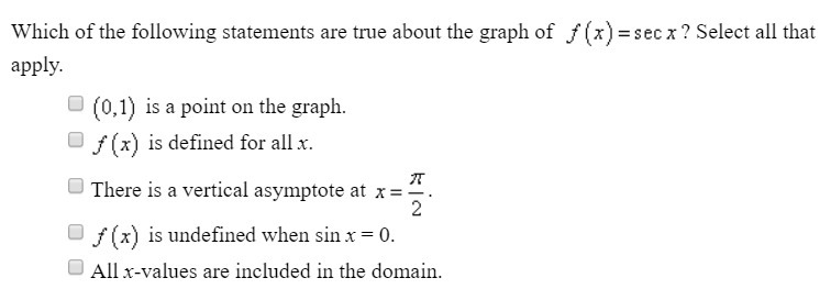 which of the following statements are true about the graph of f(x)= sec x. Select-example-1