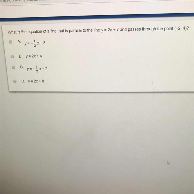 What is the equation of a line that is parallel to the line y = 2x + 7 and passes-example-1