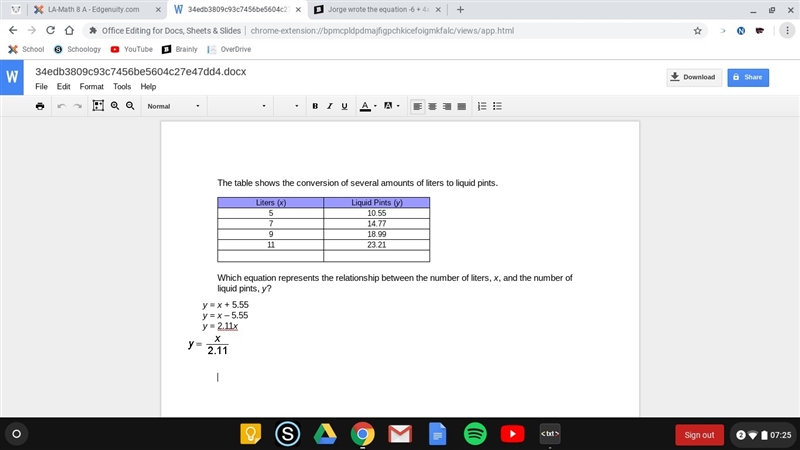 HELP The table shows the conversion of several amounts of liters to liquid pints.-example-1