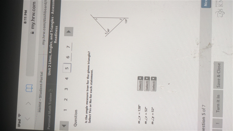 Is the angle measure true for the given triangle? Select Yes or No for each statement-example-1