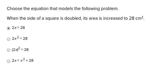 Choose the equation that models the following problem. When the side of a square is-example-1