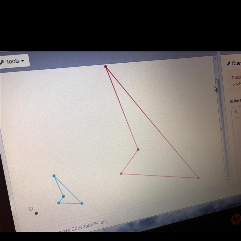 Is the red image shown a correct dilation of the blue image with center O? Why or-example-1