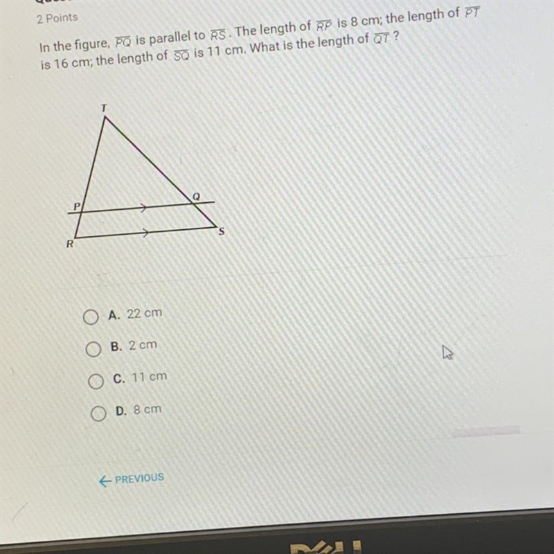 In the figure, PQ is parallel to RS. The length of RP is 8 cm; the length of PT is-example-1