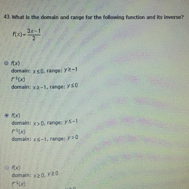 What is the domain and range for the following function and it’s inverse ? Help needed-example-1