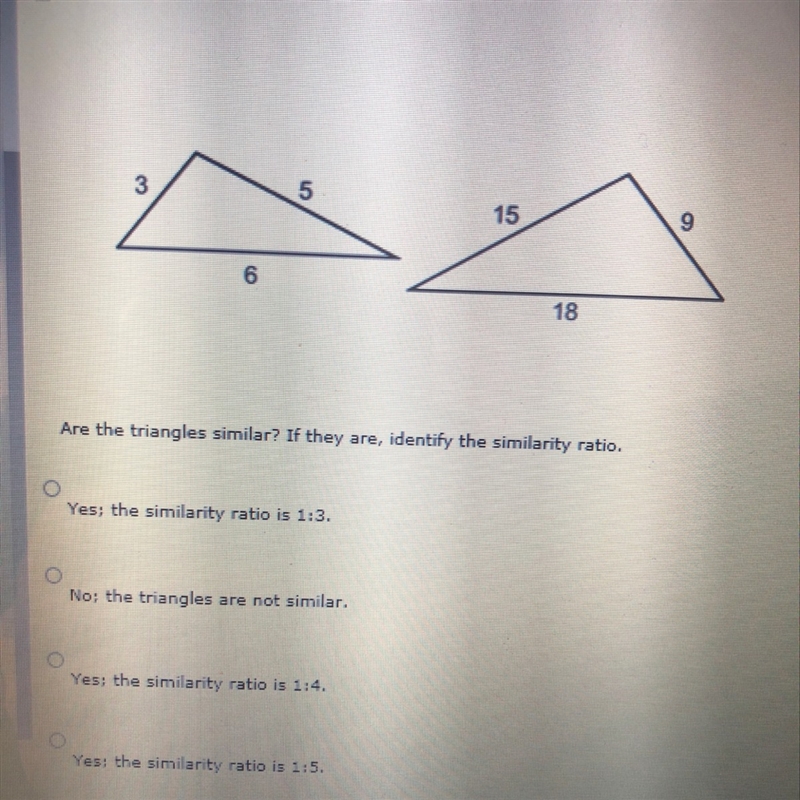 Are the triangles similar? If they are, identify the similarity ratio.-example-1