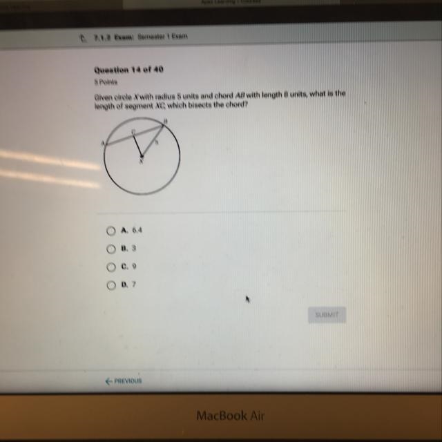 Given circle X with radius 5 units and chord AB with length 8 units, what is the length-example-1