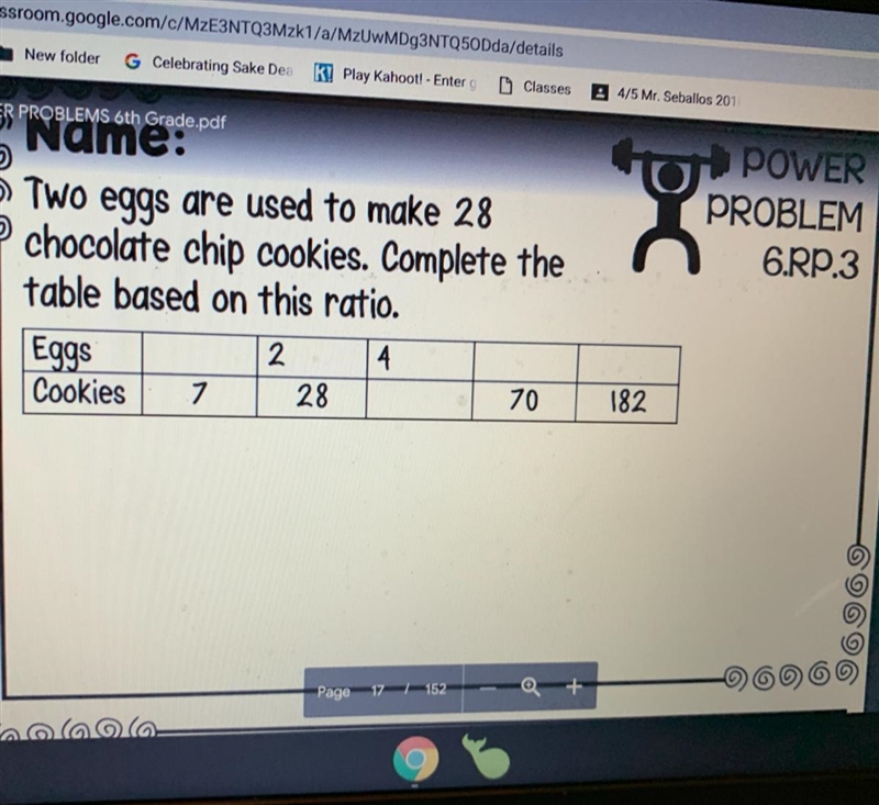 Two eggs are used to make 28 chocolate chip cookies. Complete the table based on this-example-1