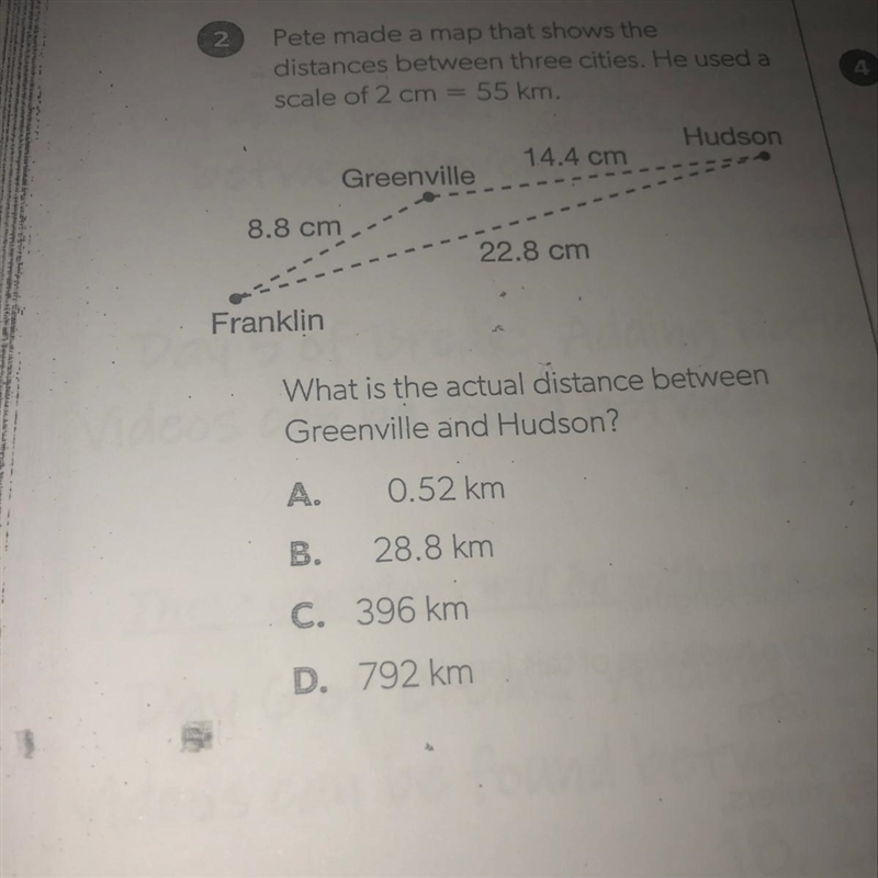 Rete made a map that shows the distances between three cities. He used a scale of-example-1