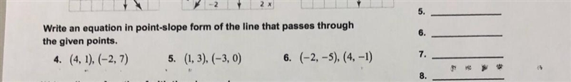 Write an equation in point-slope form of the line that passes through (4,1),(-2,7)-example-1