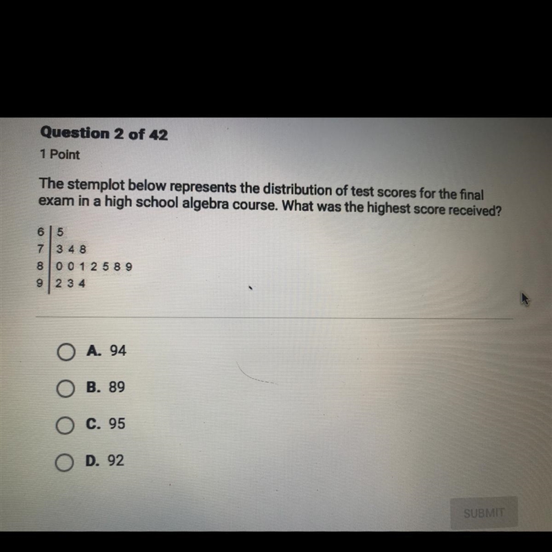 the stemplot below represents the distribution of the test scores for the final exam-example-1