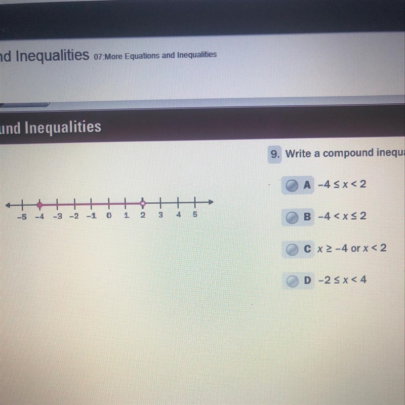 Write a compound inequality that the graph could represent-example-1