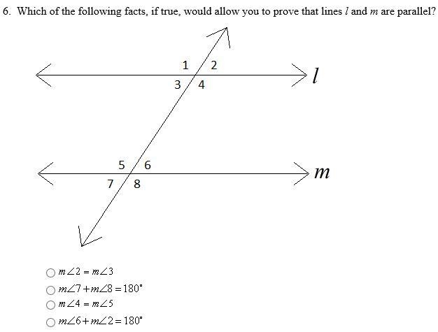 Which of the following facts if true would allow you to prove that lines l and m are-example-1