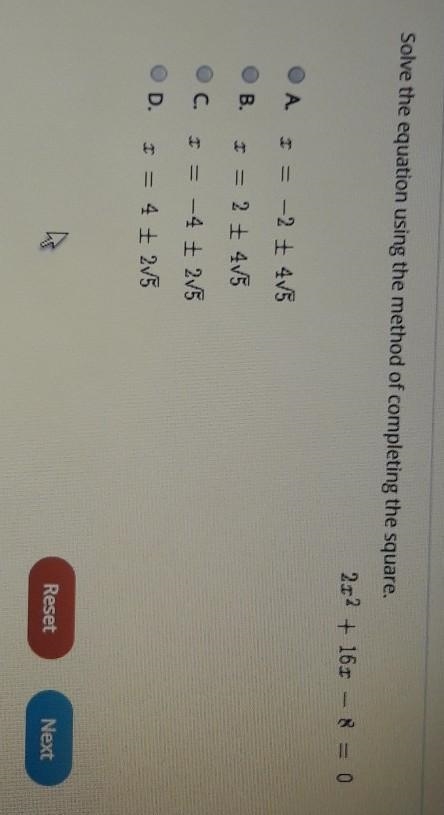 16 Solve the equation using the method of completing the square. 2:2 + 165 - 8 = 0 O-example-1