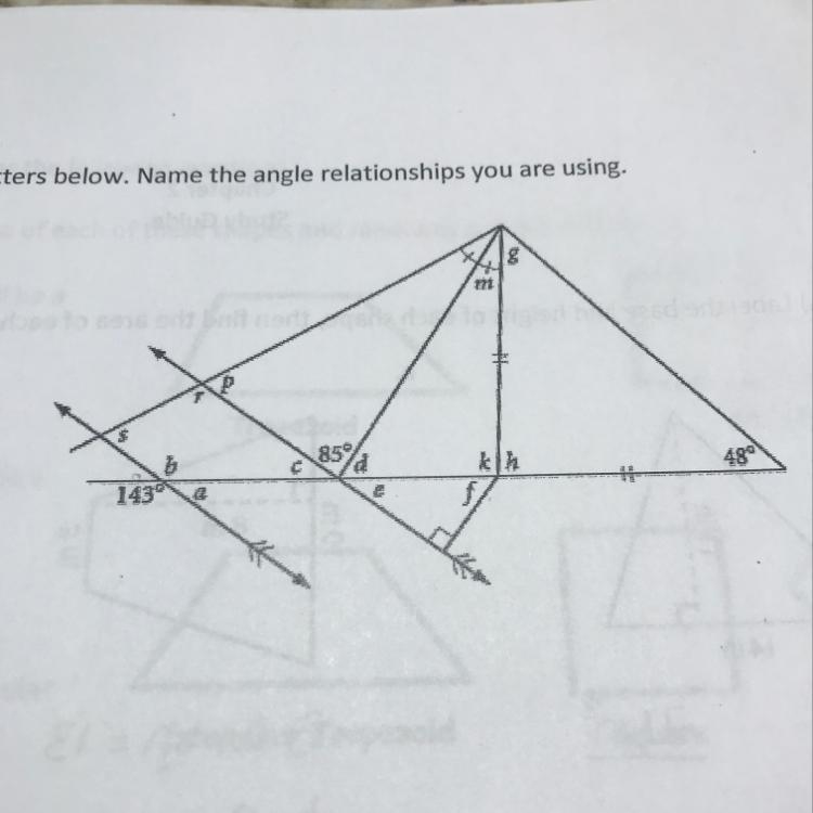 I need help with finding the missing angle measures ( you don’t have to name the relationship-example-1