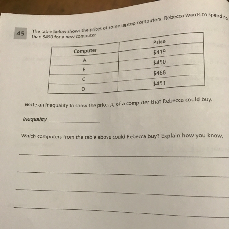 The table shows the price of some laptop computers.Rebecca wants to spend no more-example-1