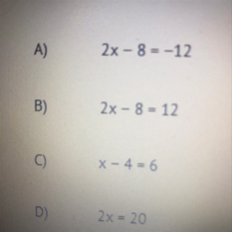 Which equation is equivalent to 8-2x=12?-example-1