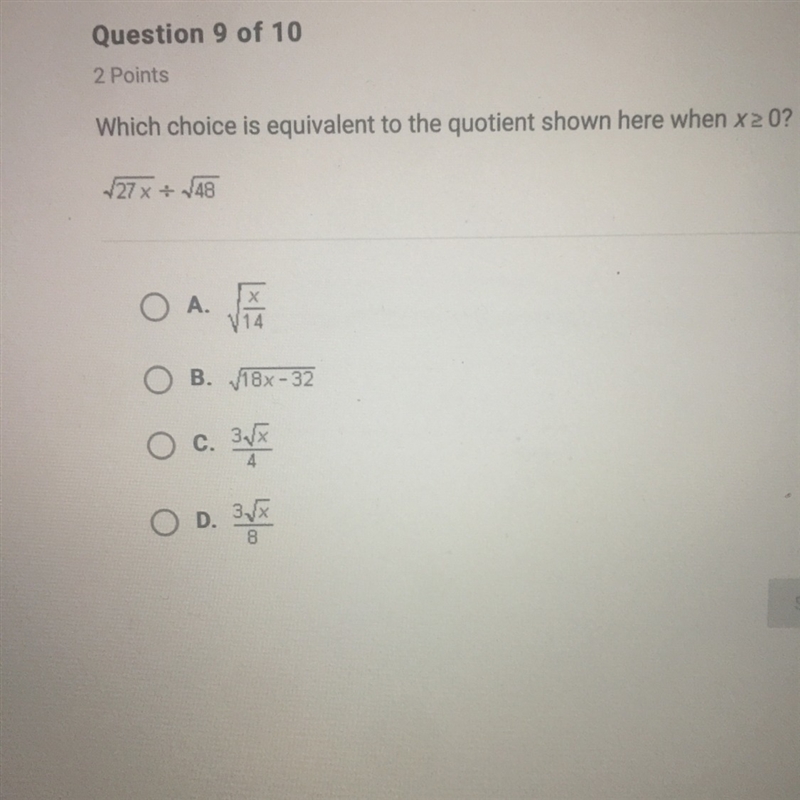 Which Choice is equivalent to the quotient shown here when x is greater or equal to-example-1