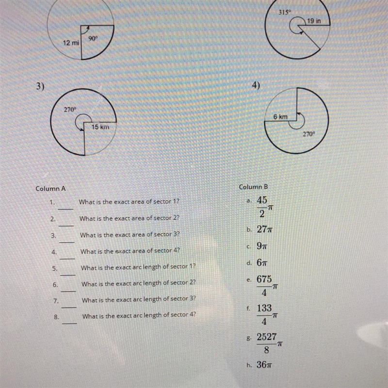 What is the exact area and arc length of these sectors? Please helppp-example-1