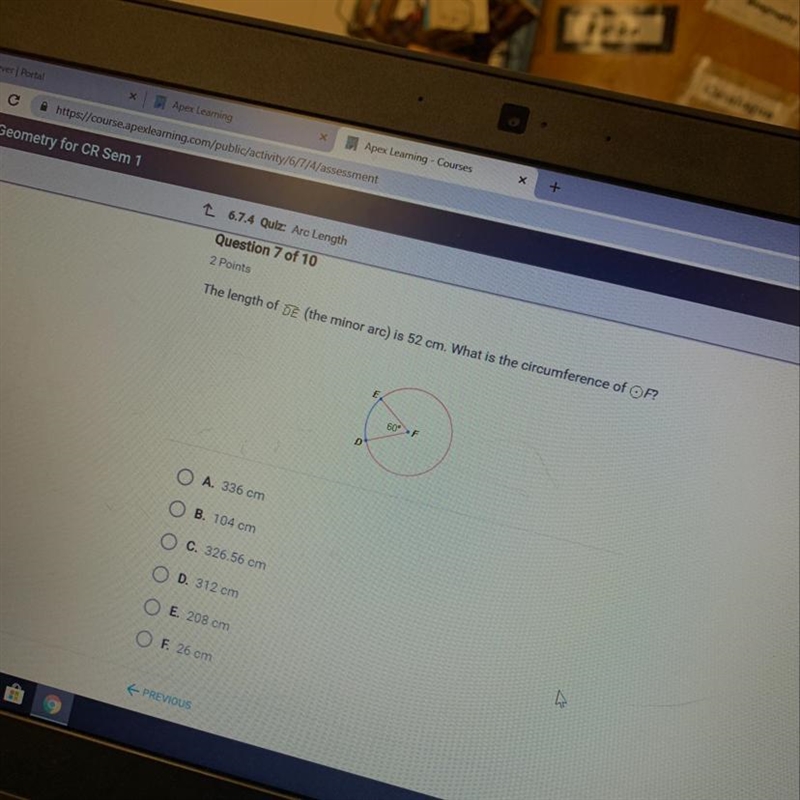 The length of DE is 52 cm. What is the circumference of F-example-1