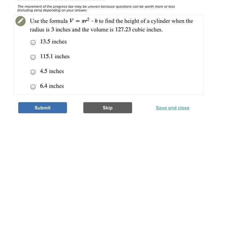 Use the formula V=pier ^2 to find the height of a cylinder when the radius is 3 inches-example-1